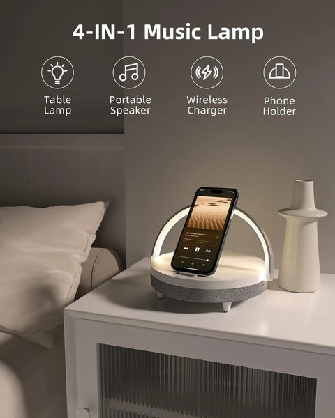 4 In 1 Bedside Lamp With Bluetooth Speaker Dimmable Night Light Charging Station And Phone Holder on nightstand