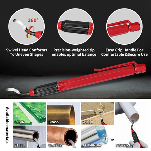 Deburring tool with 11 HSS swivel blades; red handle for metal, resin, PVC pipes, copper, plastic (7 materials shown).