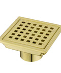 4 Inch Square Shower Drain With Adjustable Base Flange In SUS 304 Stainless Steel Removable Grid Cover Sleek Brushed Gold Finish