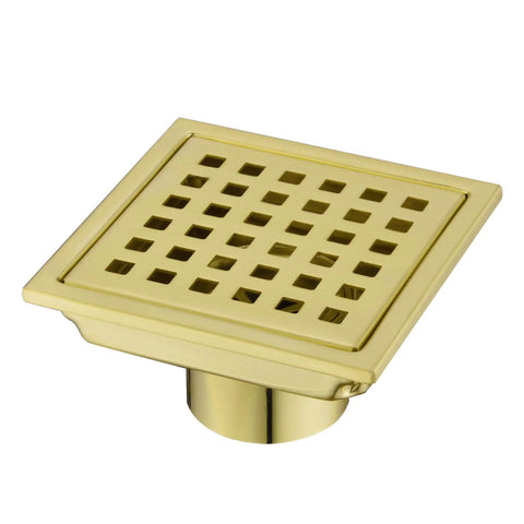 4 Inch Square Shower Drain With Adjustable Base Flange In SUS 304 Stainless Steel Removable Grid Cover Sleek Brushed Gold Finish