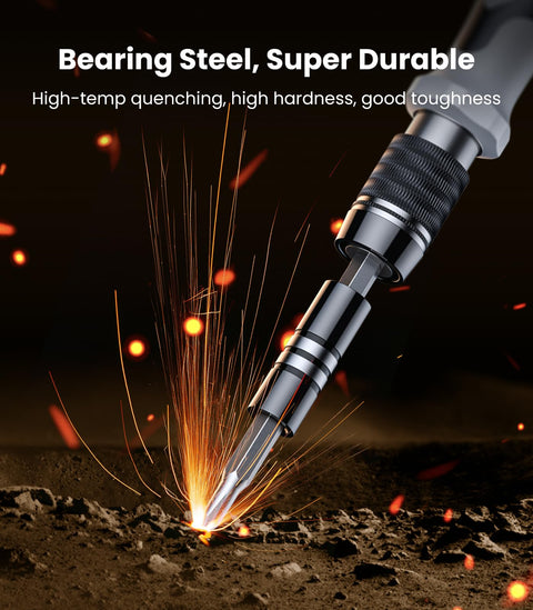 Close-up of 115-In-1 Precision Screwdriver Set With Pro-Grade Magnetic Bits showing sparks, highlighting steel durability.