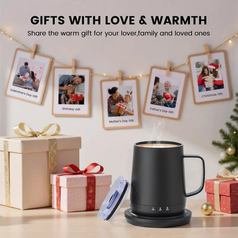 14 Oz Self Heating Coffee Mug With Quick Rechargeable Battery on a table near gift boxes and holiday decorations.