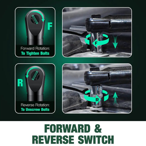 Forward and reverse switch demonstration on Cordless Electric Ratchet Wrench Kit Delivers Forty Foot Pounds Of Torque At Four Hundred RPM, 20 Volt With Three Eighths Inch Drive, Sixty Minute Charger, Seven Sockets, One Quarter Inch Adapter, Forward And Reverse Variable Speed Trigger.
