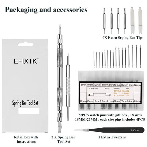 Pro Grade Spring Bar Tool Set For Watch Bands With 6 Extra Tips And 72 Pins, Easy Strap Removal And Repair Kit With Tweezers