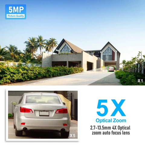 All Weather Outdoor PTZ Surveillance Camera 5MP With 5x Optical Zoom showing car and house with zoom feature