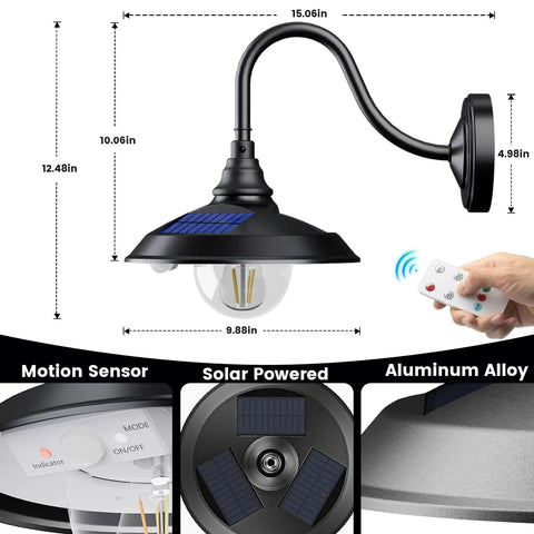 Solar Powered Outdoor Barn Light With Remote And Motion Sensor Aluminum Gooseneck Wall Light Waterproof Vintage Farmhouse Style