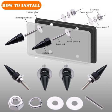 Hella Dope 4 Pack Spiked License Plate Bolts And Tough Frame Screws For Your Badass Ride Made From Solid Stainless Steel And Aluminum Alloy In Gloss Black installation guide with components