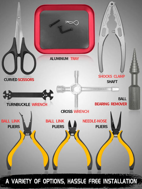 RC Tool Kit 26 Piece Set With Flathead And Phillips Screwdrivers Hex Drivers Pliers Box Wrenches and aluminum tray image