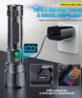 Rechargeable 2000 Lumens LED Flashlight With Long Beam Power Display IPX5 Waterproof 20 Hour Runtime USB charging in outlet