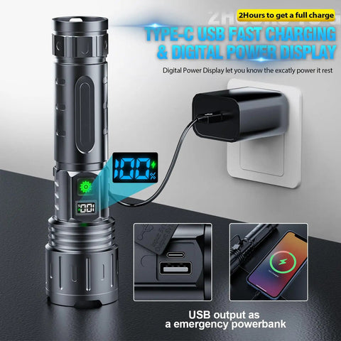 Rechargeable 2000 Lumens LED Flashlight With Long Beam Power Display IPX5 Waterproof 20 Hour Runtime USB charging in outlet