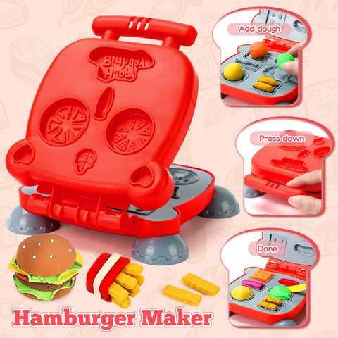 3 In 1 Dough Set With 59 Pieces For Kids Ages 3 And Up Ice Cream Maker Noodle Machine Burger Maker Kitchen Creations Craft Kit Fun Food Play Toys For Boys And Girls Creative Playtime showing a red burger maker with dough molds