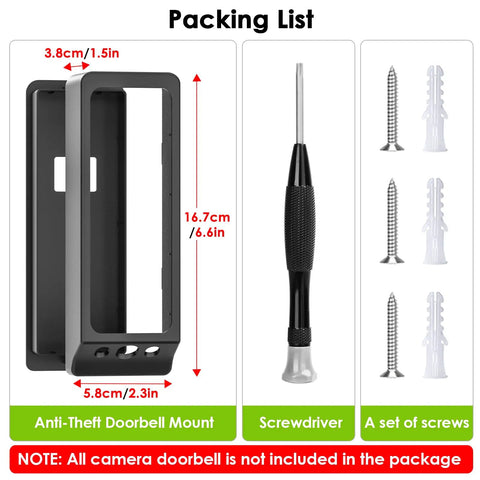 Packing list image for Rock Solid No Drill Adhesive Doorbell Mount For Eufy E340 showing mount, screwdriver, and screws.