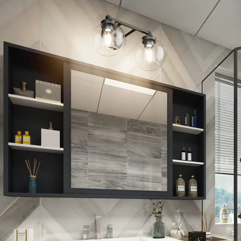 Bathroom with Three Light Matte Black Industrial Vanity Light With Clear Glass Globes, Farmhouse Bathroom Sconce above mirror