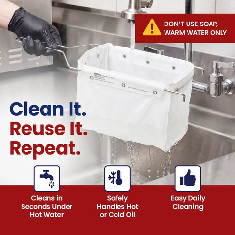 Cleaning a Miroil oil filter bag under warm water in a commercial kitchen sink, part of the Commercial Electric Fryer Oil Filter System With Fry Powder Included Handles 75 Lb Grease Loads Portable Filtration Cart Saves Serious Dough Keeps Your Food Truck Or Restaurant Rolling.