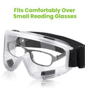 Anti Fog Safety Goggles With Impact Resistant Lenses ANSI Z87.1 Certified, shown fitting over small reading glasses