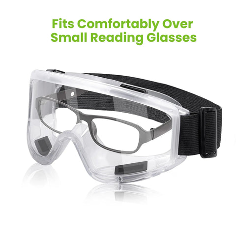 Anti Fog Safety Goggles With Impact Resistant Lenses ANSI Z87.1 Certified, shown fitting over small reading glasses