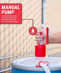 Hands using Food Grade BPA Free 55 Gallon Drum Water Pump For Emergencies Disaster Ready Manual Hand Siphon with nozzle holder.