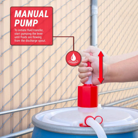 Hands using Food Grade BPA Free 55 Gallon Drum Water Pump For Emergencies Disaster Ready Manual Hand Siphon with nozzle holder.