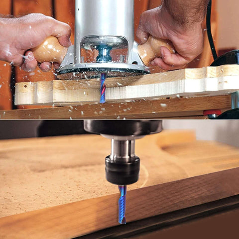 End mill router bit, 1/4 in shank, solid carbide, upcut single-flute for CNC routing
Installed view: router bit cutting wooden board with blue spiral carbide end mill