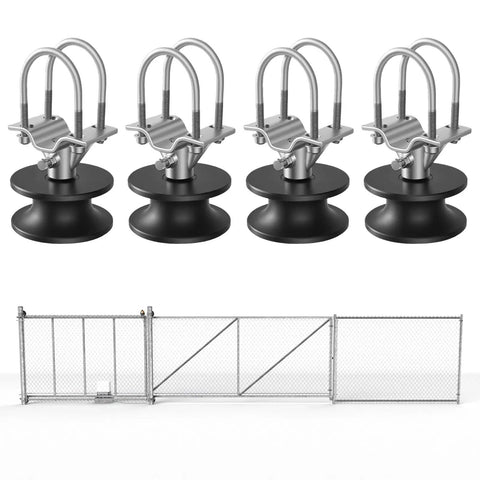 Durable Heavy Duty Nylon Sliding Gate Rollers With Slick Track Wheels For Effortless Outdoor Operation Built Tough Silent Performance Weather Resistant 4 Pack on display with a chain link gate