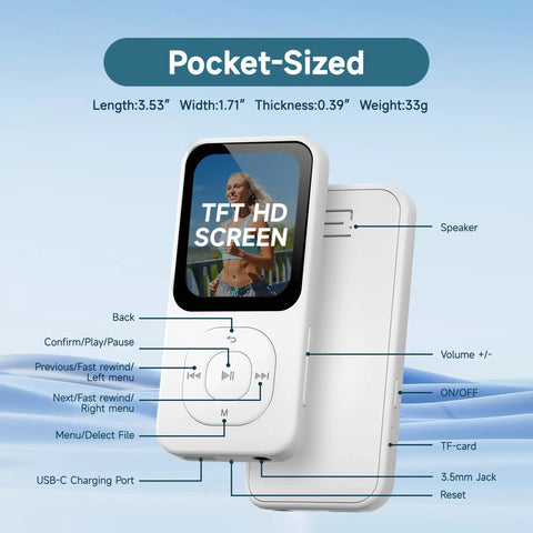 64GB MP3 Player With Bluetooth 5.3, 30 Hours Playtime, 2 Inch HD Screen, displaying control buttons and ports