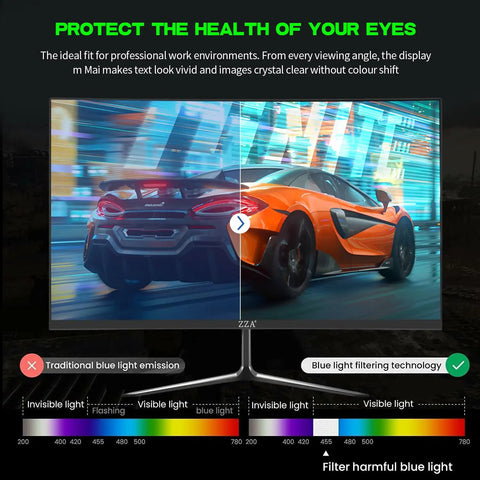 24 Inch Curved Computer Monitor With 100Hz FHD 1920x1080, displaying image comparison with blue light filter effect