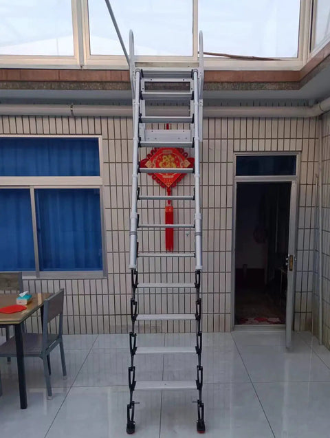 Electric Attic Stairs With Remote Control Wall Mounted Retractable Step Ladder Built Like A Tank Non Slip Pedals Smooth Telescoping Motion for easy access.