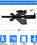 Dimensions and features of Portable Door Lock For Travel And Home Security, Beefed Up Privacy And Tool Free Install, Extra Privacy And Door Jam Stopper, Perfect For Hotels, Apartments, Dorms, And Vacation Rentals, Prevents Entry From Outside Even With A Key, showing measurements and icons for protection, tool-free use, fit compatibility, and portability.