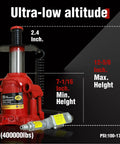 Big Red 20 Ton Low Profile Pneumatic Bottle Jack Heavy Duty Air Powered Hydraulic Lift For Trucks And Cars Aluminum Pump outline with height measurements.