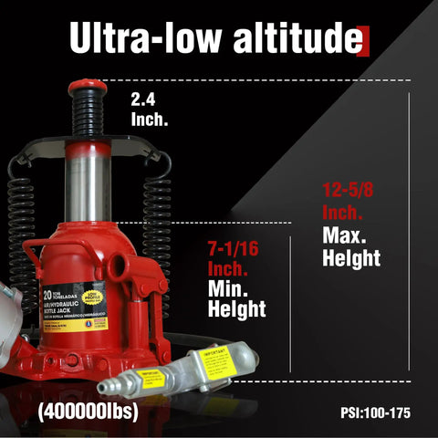Big Red 20 Ton Low Profile Pneumatic Bottle Jack Heavy Duty Air Powered Hydraulic Lift For Trucks And Cars Aluminum Pump outline with height measurements.