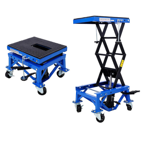 Beefy Hydraulic Motorcycle Scissor Jack Lift With Foot Step Lever And Four Wheels, Adjustable Height 13.4 to 36.2 Inches, Blue