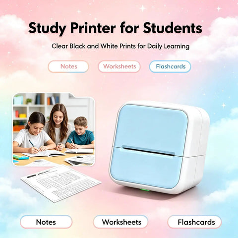 Portable Bluetooth Mini Label Maker Featuring No Sweat Inkless Thermal Printing For Crisp Photos And Totally Effortless Home Organization Sticker Sheets with kids studying.