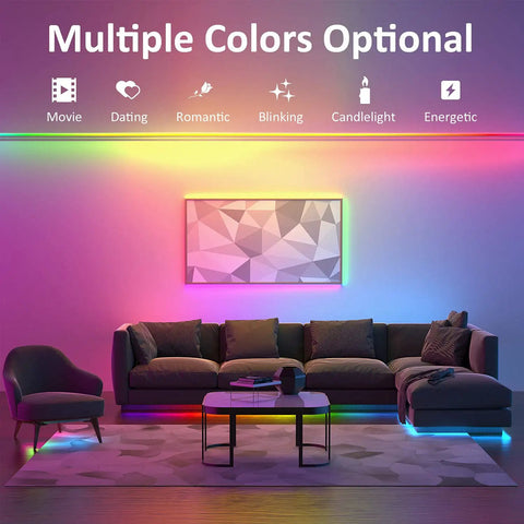 52.5ft Rainbow RGB IC LED Strip Lights Outdoor With Music Sync illuminating a living room with multiple colors and light modes.