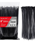 8 Inch Zip Ties 100 Pack With 40Lb Tensile Strength Black Cable Ties for Indoor and Outdoor Use, shown packaged and loose