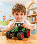 Child playing with All Terrain Farm Tractor Toy For Kids 3 To 7 Years Old, 1 To 24 Scale Monster Truck With 8 Wheels, indoors.