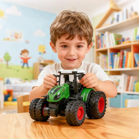 Child playing with All Terrain Farm Tractor Toy For Kids 3 To 7 Years Old, 1 To 24 Scale Monster Truck With 8 Wheels, indoors.