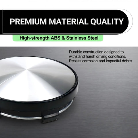Snap In Wheel Center Caps 4 Pack Premium Scratch Resistant Hub Covers showing steel and ABS material designed for harsh driving.