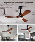 Lit 42 Inch Black Ceiling Fan With Remote And Lights Dimmable LED shown in room with height adjustment options