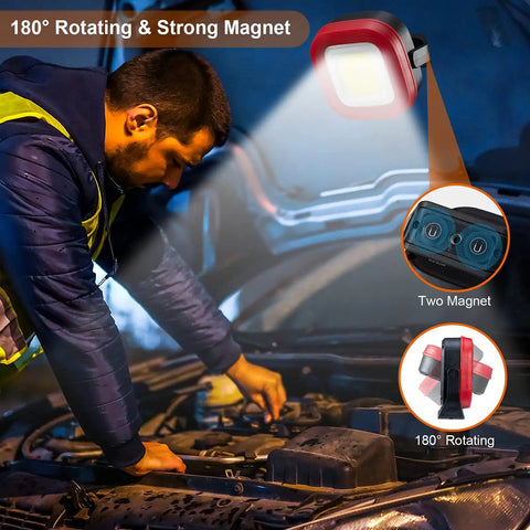 Man using Beast COB LED Work Light With 42 LEDs, 1000 Lumens, Rechargeable Portable Magnetic Inspection Flashlight for car repairs