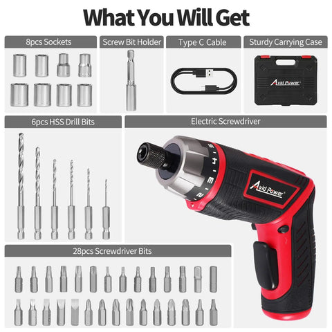 4V Cordless Screwdriver Kit With 44 Accessories, 5.65Nm Torque, 200 RPM, 5 Plus 1 Torque Settings, Dual Position Handle And LED Light