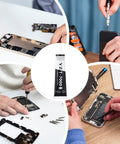 Ultra Strong T7000 Phone Repair Glue For Screen And Frame Repair Multipurpose Adhesive For Cell Phones Back Covers And LCD Cracks Sticks Like Crazy For Durable Repairs Without The Hassle, center view, with technicians using the adhesive on smartphone components.