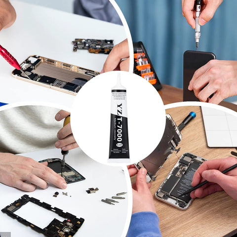 Ultra Strong T7000 Phone Repair Glue For Screen And Frame Repair Multipurpose Adhesive For Cell Phones Back Covers And LCD Cracks Sticks Like Crazy For Durable Repairs Without The Hassle, center view, with technicians using the adhesive on smartphone components.