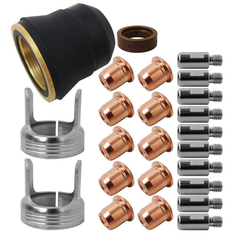 24 Piece IPT40 Plasma Cutter Consumables Kit For Cut 55DS Pro And 65DS with brass nozzles, stainless electrodes, retaining caps