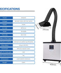 Heavy Duty Laser Welding Fume Extractor Featuring Badass H13 HEPA Filters And Deep Carbon Scrubbing, specifications and dimensions displayed.
