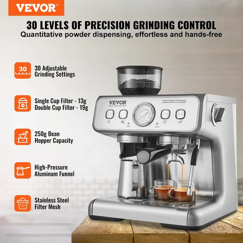 Solid Semi Automatic Espresso Machine With Built In Grinder And Large Hopper pulls crisp shots with 30 grind settings.
