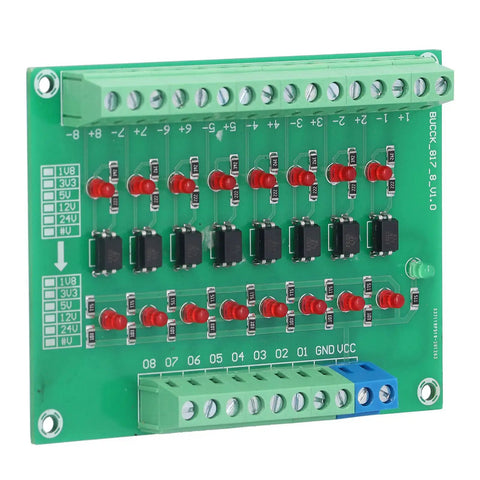 Eight Channel Optocoupler Isolation Module for PLCs 24V Input to 3V3 and 5V Logic Level Shifter Optical Isolation Board, angle view.