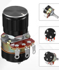 Two Pack 10K Ohm Linear Taper Dimmer Potentiometers With On Off Switch And Black Aluminum Knob Set For Inverter Speed Control And DIY Electronics Projects with front and side views of assembled potentiometer.