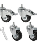 Set Of 4 Heavy Duty 3 Inch Swivel Caster Wheels With Drop Dead Quiet Bearings And Secure Threaded Stem Mount, featuring durable wheels and a wrench.