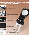 Stainless steel divot tool with U shape design, magnetic marker base from Must Have All In One Golf Accessories Set With Leather Case For Men And Women Including Tees Balls Divot Tool Ball Markers Stencils Line Marker Retractable Brush Ball Clamp And Scorer.