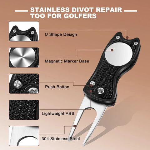 Stainless steel divot tool with U shape design, magnetic marker base from Must Have All In One Golf Accessories Set With Leather Case For Men And Women Including Tees Balls Divot Tool Ball Markers Stencils Line Marker Retractable Brush Ball Clamp And Scorer.